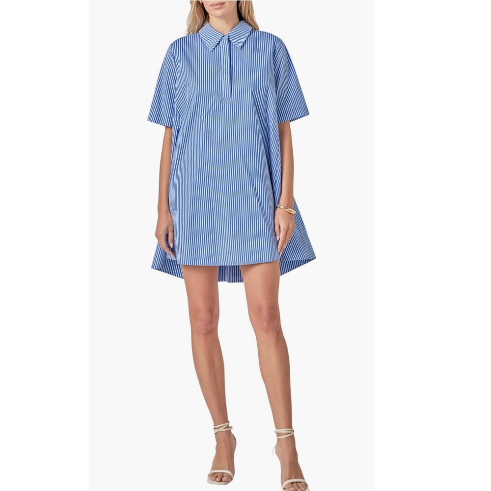 English Factory A-line Short Sleeve Poplin Blue Striped Shirt Dress Sz Small